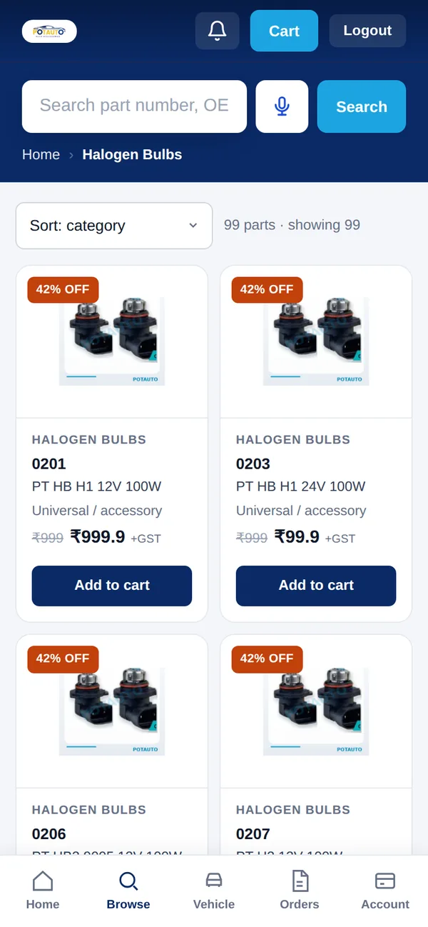 Dealer app: parts with photos, price and add to cart