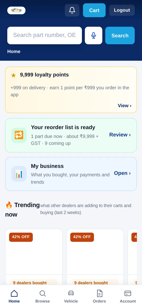 Dealer app home: loyalty points, reorder list, my business