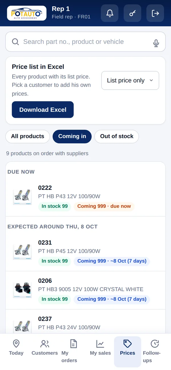 Field app: parts coming in with expected dates