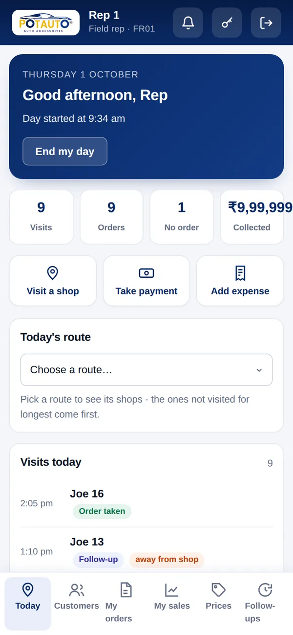 Field app: the rep's day with visits, orders and payments